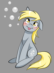 Size: 3000x4000 | Tagged: safe, artist:taartje123, derpy hooves, pony, g4, blushing, bubble, cutie mark background, female, floppy ears, silly, silly pony, simple background, sitting, smiling, solo, tongue out