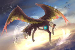 Size: 2736x1824 | Tagged: safe, artist:lunastyczna, oc, oc only, pegasus, pony, colored wings, feather, flying, looking back, piercing, solo