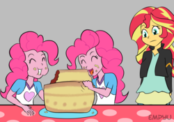 Size: 1000x700 | Tagged: safe, artist:empyu, pinkie pie, sunset shimmer, equestria girls, g4, cake, clothes, cute, diapinkes, duality, eating, eyes closed, female, food, jacket, open mouth, raised eyebrow, self paradox, simple background, smiling, table, trio, trio female