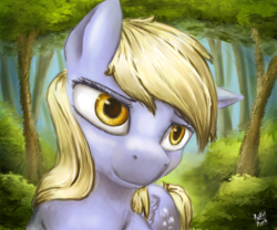 Size: 1600x1333 | Tagged: safe, artist:pastelpupils, derpy hooves, pegasus, pony, g4, female, forest, mare, smiling, solo, underp
