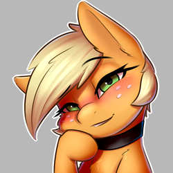 Size: 1800x1800 | Tagged: safe, artist:captainpudgemuffin, applejack, earth pony, pony, alternate hairstyle, blushing, bust, captainpudgemuffin is trying to murder us, choker, collar, cute, female, fluffy, freckles, gray background, grin, head tilt, jackabetes, leaning, lidded eyes, looking at you, mare, pixie cut, portrait, short hair, simple background, smiling, solo