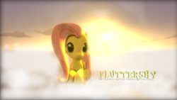 Size: 1280x720 | Tagged: safe, artist:ldinos, fluttershy, g4, 3d, cloud, female, looking at you, poster, sitting, solo, source filmmaker, sunrise