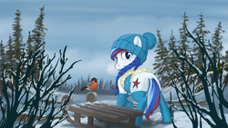 Size: 6400x3600 | Tagged: safe, artist:skrapbox, oc, oc only, oc:marussia, bird, absurd resolution, bundled up for winter, clothes, hat, looking at you, looking back, nation ponies, russia, scarf, scenery, snow, socks, solo, winter, winter outfit