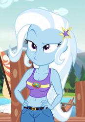 Size: 460x660 | Tagged: safe, edit, edited screencap, editor:ah96, screencap, trixie, equestria girls, g4, legend of everfree, :>, belly button, breast edit, breasts, busty trixie, camp everfree outfits, cleavage, cropped, faic, female, lidded eyes, midriff, raised eyebrow, sexy, solo, stupid sexy trixie