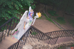 Size: 1280x853 | Tagged: safe, artist:fox-tsai-sheng, princess celestia, human, clothes, cosplay, costume, irl, irl human, looking at you, photo, solo, spread wings, staff