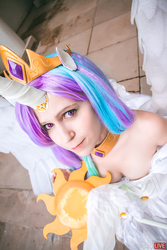 Size: 853x1280 | Tagged: safe, artist:fox-tsai-sheng, princess celestia, human, clothes, contact lens, cosplay, costume, irl, irl human, looking at you, photo, smiling, solo, spread wings, staff