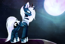 Size: 2480x1664 | Tagged: safe, artist:magnaluna, princess luna, alicorn, pony, g4, alternate design, balcony, chest fluff, colored wings, colored wingtips, crown, ear fluff, eyes closed, eyeshadow, female, full moon, glowing, jewelry, loose hair, makeup, moon, night, regalia, sky, solo, starry night, stars, unshorn fetlocks, white-haired luna
