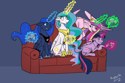 Size: 1500x1000 | Tagged: safe, artist:kerorolover16, princess cadance, princess celestia, princess luna, queen chrysalis, twilight sparkle, alicorn, changeling, pony, two best sisters play, g4, alicorn tetrarchy, controller, couch, disguise, disguised changeling, eyeroll, fake cadance, female, floppy ears, grin, magic, mare, sitting, smiling, smirk, telekinesis, twilight sparkle (alicorn)