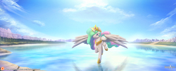Size: 2133x872 | Tagged: safe, artist:balade, princess celestia, g4, cliff, female, flying, lake, patreon, patreon logo, ripple, scenery, signature, solo, walking on water, water