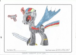 Size: 7014x5100 | Tagged: safe, artist:hampshirebrony, oc, oc only, oc:edgelord2k17, alicorn, bat pony, bat pony alicorn, pony, absurd resolution, edgy, gun, magic, solo, sword, weapon