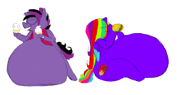 Size: 642x346 | Tagged: safe, artist:abasketstar, oc, oc only, oc:amellia rose, oc:midnight coda, alicorn, anthro, alicorn oc, belly, big belly, burger, clothes, enjoying, fat, food, glasses, hamburger, heterochromia, ice cream, impossibly large belly, nudity, rainbow hair, smiling, vest, watch