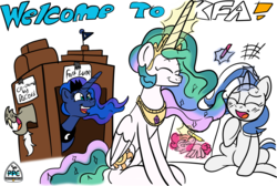 Size: 1024x688 | Tagged: safe, artist:dgaribalde, artist:tagman007, discord, pinkie pie, princess celestia, princess luna, oc, oc:silver strand, alicorn, draconequus, pony, unicorn, g4, female, fort, horn, magic, mare, pacific ponycon, telekinesis, unicorn oc