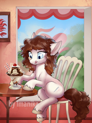 Size: 638x858 | Tagged: safe, artist:imanika, oc, oc only, oc:charlie, earth pony, pony, cafe, chair, chocolate, commission, dessert, food, ice cream, sitting, solo, table, tongue out, vanilla, watermark, ych result