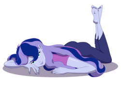 Size: 1123x817 | Tagged: safe, artist:hendocrinogeno, princess luna, vice principal luna, equestria girls, g4, barefoot, bedroom eyes, feet, female, looking at you, prone, seductive pose, simple background, smiling, solo, stupid sexy princess luna, the pose, transparent background