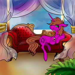 Size: 1024x1024 | Tagged: safe, artist:brainiac, oc, oc only, oc:stepz, pony, unicorn, alcohol, bust, cloud, couch, curtains, eyestrain warning, female, full body, gold, leaves, mare, needs more saturation, pentagram, portrait, solo, wine