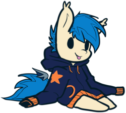Size: 944x847 | Tagged: safe, artist:neoncel, oc, oc only, oc:moonshot, bat pony, pony, clothes, commission, hoodie, simple background, sitting, smiling, solo, tongue out, transparent background, ych result