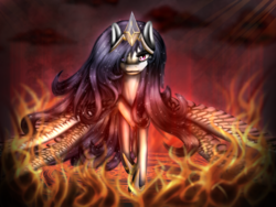 Size: 2048x1536 | Tagged: safe, artist:defectiolunae, princess celestia, g4, crepuscular rays, female, fire, frown, glare, looking at you, solo, spread wings, this will end in tears