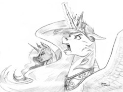 Size: 1500x1122 | Tagged: safe, artist:baron engel, princess celestia, princess luna, g4, floppy ears, frown, glare, glowing horn, grayscale, horn, magic, monochrome, open mouth, pencil drawing, simple background, spread wings, story included, traditional art