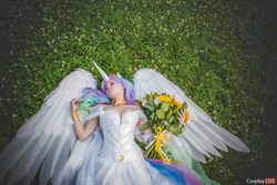 Size: 1920x1280 | Tagged: safe, artist:fox-tsai-sheng, princess celestia, human, g4, clothes, cosplay, costume, eyes closed, flower, irl, irl human, on back, photo, solo, spread wings