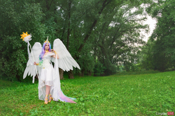 Size: 1920x1280 | Tagged: safe, artist:fox-tsai-sheng, princess celestia, human, g4, clothes, cosplay, costume, forest, irl, irl human, photo, solo, spread wings, staff