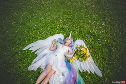 Size: 1920x1280 | Tagged: safe, artist:fox-tsai-sheng, princess celestia, human, g4, bouquet, clothes, cosplay, costume, eyes closed, flower, irl, irl human, on back, photo, solo, spread wings