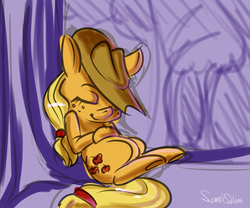 Size: 1280x1067 | Tagged: safe, artist:helloiamyourfriend, applejack, earth pony, pony, g4, 30 minute art challenge, colored sketch, eyes closed, female, hat over eyes, mare, partial color, sketch, sleeping, solo, tree, underhoof