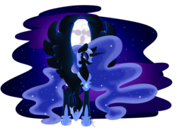 Size: 1543x1135 | Tagged: safe, artist:cyanreef, nightmare moon, alicorn, pony, g4, armor, cutie mark, female, full moon, hooves, horn, lineless, mare, moon, night, solo, spread wings, stars, wings
