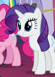 Size: 321x445 | Tagged: safe, screencap, pinkie pie, rarity, pony, canterlot boutique, g4, cute, smiling