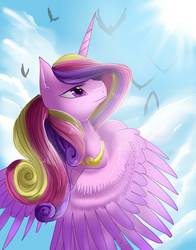 Size: 1188x1518 | Tagged: safe, artist:nutty-stardragon, artist:nuttypanutdy, princess cadance, bird, g4, female, flying, sky, solo, sun