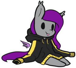Size: 1816x1623 | Tagged: safe, artist:neoncel, oc, oc only, oc:nom de plume, bat pony, pony, chibi, clothes, commission, cute, ear fluff, female, floating wings, hoodie, simple background, sitting, smiling, smolpone, solo, tongue out, transparent background, wings, ych result
