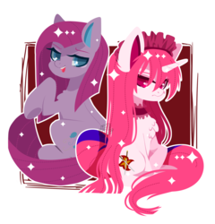 Size: 1970x2048 | Tagged: safe, artist:snow angel, pinkie pie, oc, pony, unicorn, g4, duo, duo female, female, mare, open mouth, pinkamena diane pie, raised hoof, simple background, smiling, transparent background