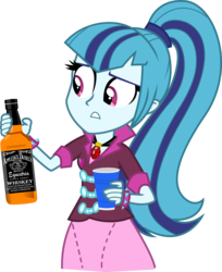 Size: 1200x1467 | Tagged: artist needed, source needed, safe, sonata dusk, equestria girls, g4, alcohol, applejack daniel's, bottle, female, simple background, solo, transparent background, vector, whiskey, worried