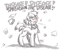 Size: 1000x856 | Tagged: safe, artist:flutterthrash, coco pommel, g4, 30 minute art challenge, anthrax, dialogue, female, heavy metal, monochrome, pre sneeze, red nosed, sick, simple background, sketch, solo, song reference, spreading the disease, tissue, tissue box
