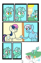 Size: 6742x10342 | Tagged: safe, artist:provolonepone, bon bon, linky, lyra heartstrings, shoeshine, sweetie drops, earth pony, pony, comic:lyra's verse, g4, absurd resolution, adorabon, bonshine, chocolate, comic, cute, female, flower, food, lesbian, linkybetes, lyrabetes, ponyville, sad, shipping