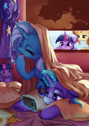 Size: 3507x4960 | Tagged: safe, artist:luciferamon, starlight glimmer, sunset shimmer, trixie, twilight sparkle, alicorn, pony, unicorn, absurd resolution, bed, bed mane, bedsheets, blanket, cellphone, chips, clothes, cute, diatrixes, eyes closed, female, floppy ears, food, frown, glowing horn, grin, implied rainbow dash, levitation, lidded eyes, magic, mare, morning, morning ponies, phone, pillow, plushie, potato chips, prone, shadow, silhouette, smartphone, smiling, squee, telekinesis, tongue out, trixie's cape, trixie's hat, trixie's wagon, twilight sparkle (alicorn), twilight sparkle plushie, unamused, underhoof, voyeur, voyeurism, window, yawn