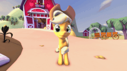 Size: 600x338 | Tagged: safe, artist:mlpfimguy, applejack, earth pony, pony, g4, 3d, animated, butt shake, butt swing, farm, female, get down, gif, looking at you, solo, staring into your soul, sweet apple acres, wat