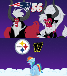 Size: 1280x1440 | Tagged: safe, artist:askometa, artist:nero-narmeril, artist:oblivionfall, artist:rainbowdashzx, lord tirek, rainbow dash, g4, afc championship, american football, crying, lady tirek, midriff, new england patriots, nfl, nfl playoffs, pittsburgh steelers, rule 63, vector