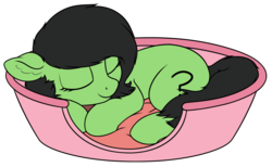 Size: 2580x1587 | Tagged: safe, artist:smoldix, oc, oc only, oc:filly anon, pony, basket, bed, ear fluff, female, filly, pony in a basket, prone, simple background, sleeping, smiling, solo, transparent background