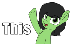 Size: 2875x1781 | Tagged: safe, artist:smoldix, oc, oc only, oc:filly anon, chest fluff, ear fluff, female, filly, looking at you, meme, open mouth, reaction image, simple background, smiling, solo, this, transparent background, underhoof