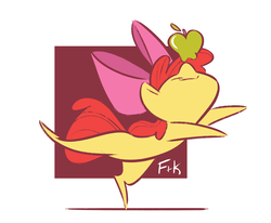 Size: 2949x2432 | Tagged: safe, artist:fluttershythekind, apple bloom, g4, apple, balancing, female, food, high res, nose in the air, pointy ponies, ponies balancing stuff on their nose, simple background, smiling, solo