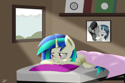 Size: 3000x2000 | Tagged: safe, artist:chikiz65, dj pon-3, octavia melody, vinyl scratch, pony, unicorn, g4, bed, blanket, full body, high res, picture, pillow, room, sun, thinking, window