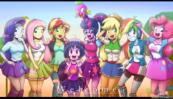 Size: 2800x1600 | Tagged: safe, artist:the-butch-x, applejack, fluttershy, pinkie pie, rainbow dash, rarity, sci-twi, spike, spike the regular dog, sunset shimmer, twilight sparkle, oc, oc:cassey, dog, equestria girls, g4, belt, blouse, boots, bowtie, bracelet, breasts, button-up shirt, cleavage, clothes, collar, compression shorts, cowboy boots, cowboy hat, cute, denim skirt, equestria girls-ified, female, freckles, glasses, grin, hair, hat, high heel boots, humane five, jacket, leather, leather jacket, leggings, makeup, male, open mouth, open smile, ponytail, puffy sleeves, puppy, shirt, shorts, signature, skirt, smiling, socks, stetson, t-shirt, tank top, teenager, teeth, vest, welcome