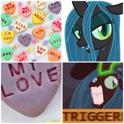 Size: 1280x1280 | Tagged: safe, queen chrysalis, changeling, g4, candy, candy hearts, female, food, meme, solo, triggered, valentine's day