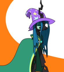 Size: 640x720 | Tagged: artist needed, source needed, safe, queen chrysalis, changeling, g4, cape, clothes, female, glasses, kathleen barr, solo, trixie's hat, voice actor joke