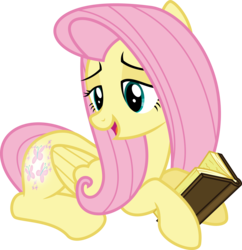 Size: 6400x6606 | Tagged: safe, artist:parclytaxel, fluttershy, pegasus, pony, g4, the hooffields and mccolts, .svg available, absurd resolution, book, booty call, female, glowing cutie mark, mare, nonchalant, prone, simple background, smiling, solo, transparent background, vector