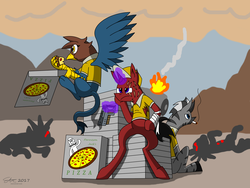Size: 6000x4500 | Tagged: safe, artist:derpanater, oc, oc only, griffon, pony, unicorn, zebra, fallout equestria, absurd resolution, bodies, cigarette, clothes, eating, fire, food, gun, pizza, pizza box, scar, smoking, weapon