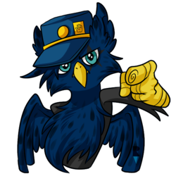 Size: 512x512 | Tagged: safe, artist:allocen, oc, oc only, oc:eid, griffon, cap, clothes, cosplay, costume, crossover, eared griffon, griffon oc, hat, jojo pose, jojo's bizarre adventure, looking at you, male, pointing, solo, telegram sticker, wings