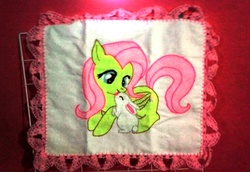 Size: 990x682 | Tagged: safe, artist:zeoradamantis, fluttershy, rabbit, g4, craft, cute, daaaaaaaaaaaw, embroidery, photo, shyabetes, traditional art