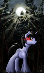 Size: 2000x3315 | Tagged: safe, artist:uliovka, oc, oc only, oc:night painter, pony, unicorn, forest, high res, moon, night, solo, sombra eyes