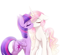 Size: 2480x2234 | Tagged: safe, artist:magnaluna, princess celestia, twilight sparkle, alicorn, pony, g4, colored wings, cute, eyes closed, female, floppy ears, high res, kiss on the lips, kissing, lesbian, missing accessory, multicolored wings, pink mane, pink-mane celestia, romantic, ship:twilestia, shipping, simple background, twilight sparkle (alicorn), white background
